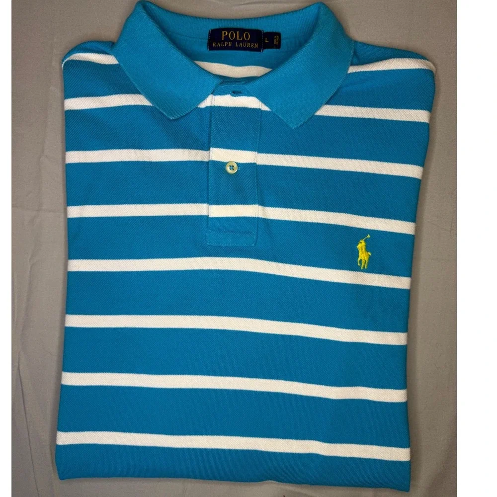 Polo Ralph Lauren Mens Large Turquoise Blue White Striped Short Sleeve Shirt